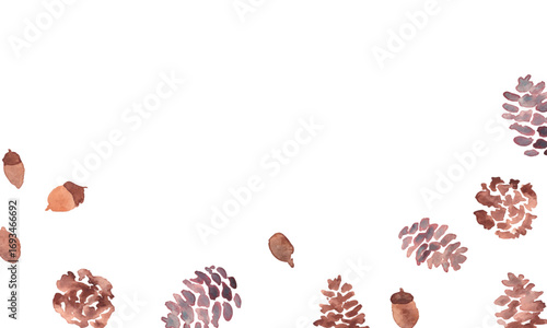 水彩画。水彩タッチの松ぼっくりイラスト。松ぼっくりと秋のイメージ背景。ベクターイラスト。
Watercolor. Pine cone illustration with watercolor touch. Autumn image background with pine cones. Vector illustration.