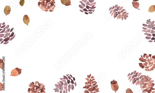 水彩画。水彩タッチの松ぼっくりイラスト。松ぼっくりと秋のイメージ背景。ベクターイラスト。
Watercolor. Pine cone illustration with watercolor touch. Autumn image background with pine cones. Vector illustration.