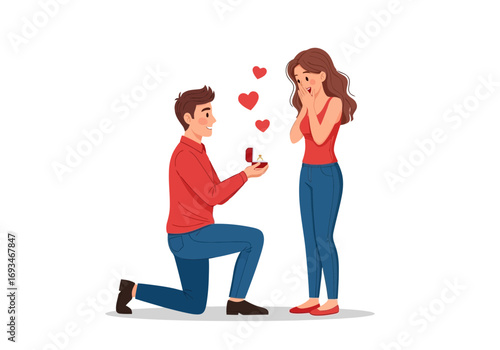 Man proposes to woman with engagement ring and hearts