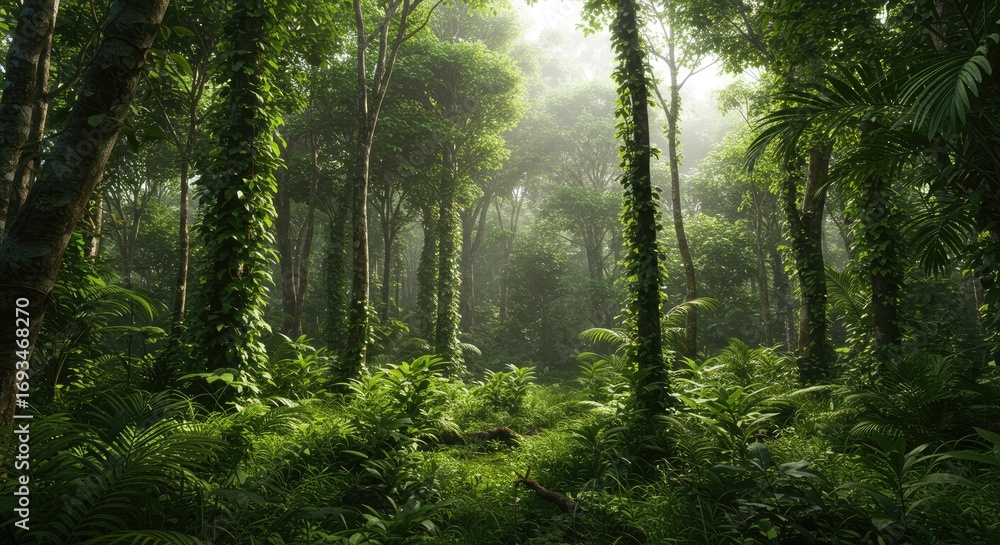 Naklejka premium Lush Green Tropical Rainforest with Sunlight Rays