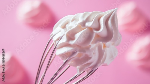 food photography closeup of a shiny metal whisk coated in freshly whipped cream, positioned on a bright blush pink background, soft shadows and airy mood
