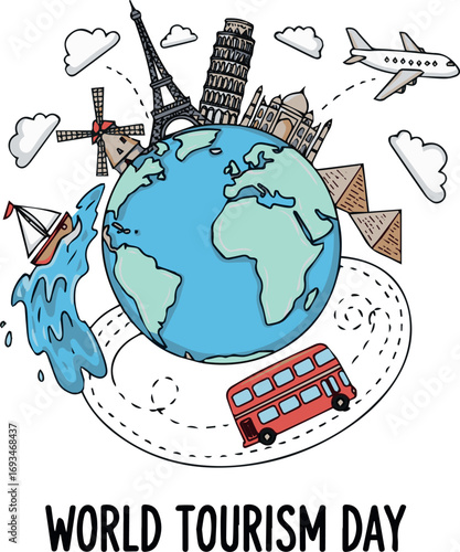 Illustration Celebrating World Tourism Day with Global Landmarks and Transportation