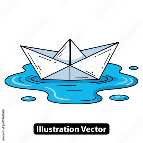 Origami paper boat floating in blue water, simple illustration representing childhood fun and creativity