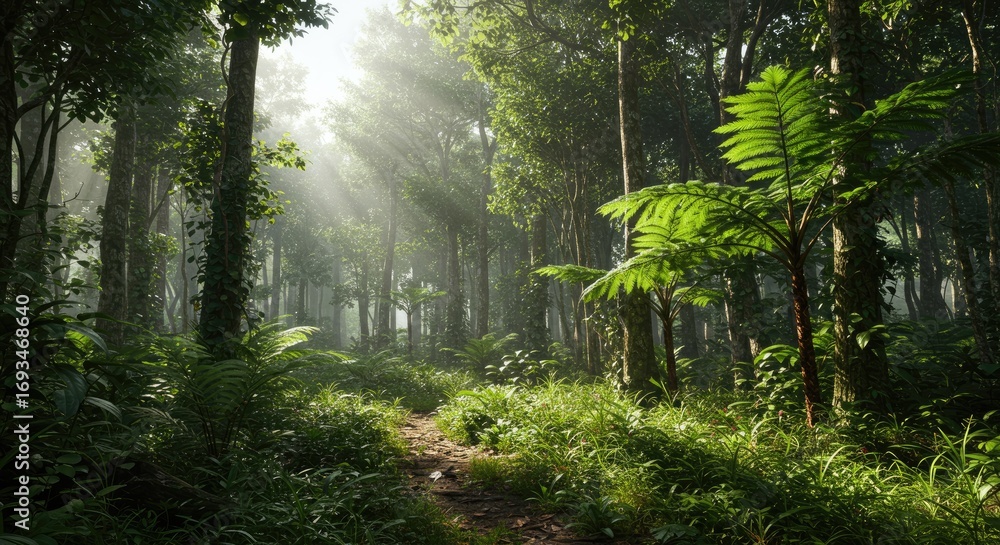 Obraz premium Lush Tropical Rainforest Path with Sunbeams