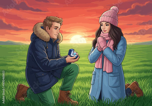 Man proposes to woman with engagement ring at sunset