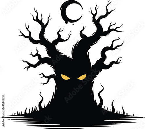Hollow Tree with Eyes Halloween Silhouette Vector