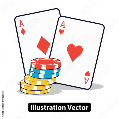 A winning poker hand with a pair of aces playing cards and a stack of colorful casino chips