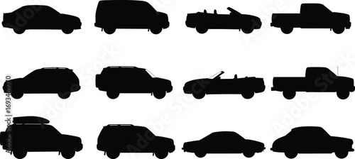 Car silhouettes, vehicle collection, sedan, SUV, truck, van, convertible, automobile icons, transport design, automotive illustration, black silhouette cars