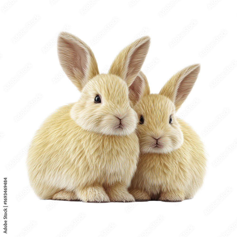 Fototapeta premium Two fluffy light yellow rabbits sitting close together with large ears
