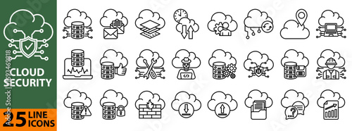 Cloud Security icon set. Containing cloud computing, database server, email hosting, data transfer, system monitoring, and secure storage.