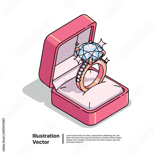 An isometric illustration of a gold engagement ring with a brilliant diamond in a pink proposal box