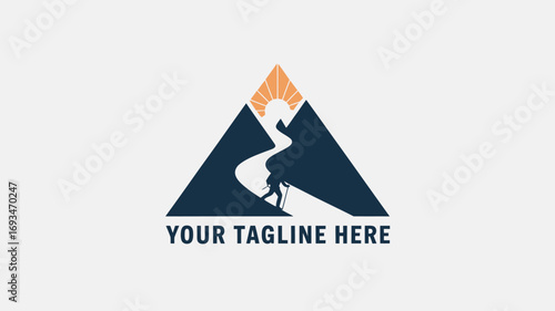 A minimalist logo featuring a climber ascending a mountain with a winding path towards a rising sun, symbolizing journey, exploration, and discovery, set against a clean background