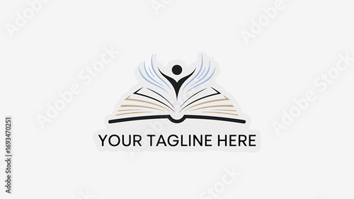 A symbolic logo design featuring a figure with open arms above an open book, representing knowledge and enlightenment, with the figure symbolizing freedom and aspiration isolated on white background