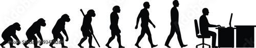 Human evolution silhouette, ape to man progression, modern technology lifestyle, evolution stages, primitive to digital era, sitting at computer desk