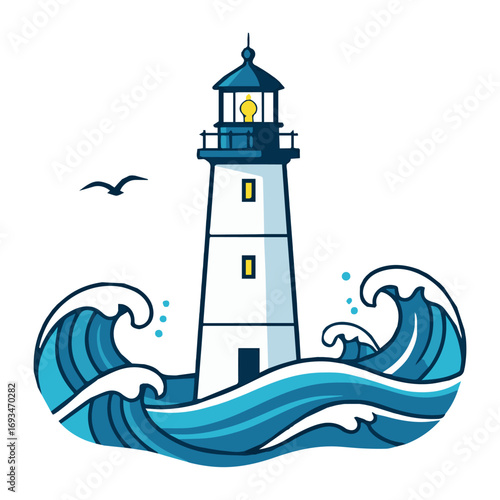 Stylized lighthouse illustration standing strong in stormy sea waves as a beacon of hope