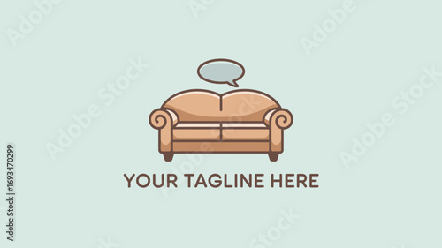 A cozy sofa with a thought bubble above, suggesting relaxation and contemplation ideal for interior design, home decor, or mental wellness concepts the tagline area allows for customization