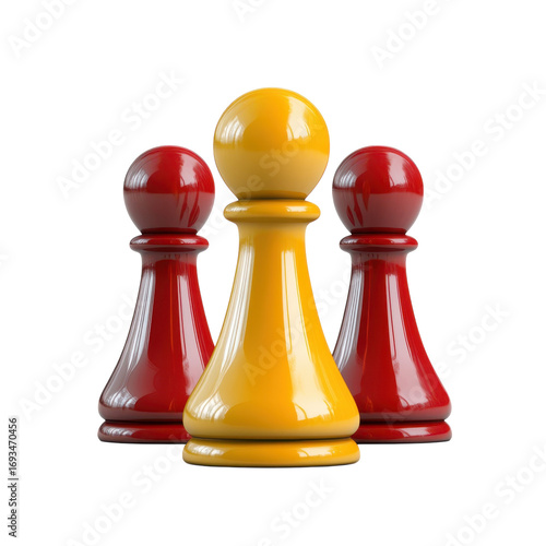 Three chess pawns two red and one yellow stand symbolizing strategy leadership and competition in a minimalist design on transparent background