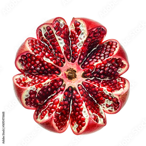 Fresh pomegranate cut open showing juicy seeds