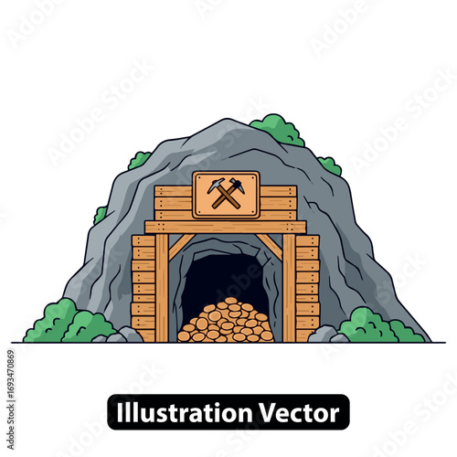 Cartoon illustration of a gold mine entrance with a pile of nuggets and a wooden pickaxe sign