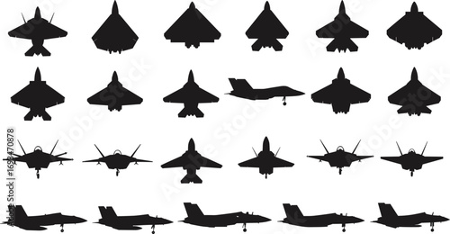 Military aircraft silhouettes, fighter jet design, warplane top view, aviation collection, stealth aircraft, combat jet, airplane silhouette, modern air force