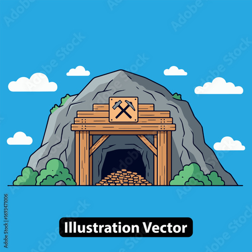 Entrance to a Gold Mine Vector Illustration of a Mining Tunnel with Treasure and Tools