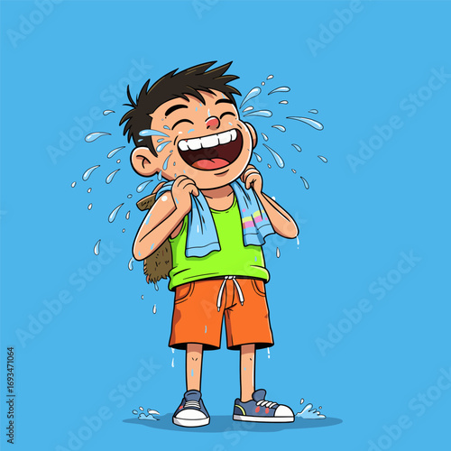 A person in a red shirt and white headband splashes water on their face with both hands, eyes closed and mouth open, enjoying a refreshing moment.