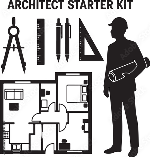 Architect Starter Kit Tools and Blueprint Illustration