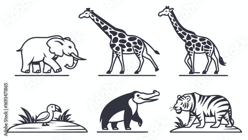 Collection of six stylized African wildlife animals in black and white line art elephant giraffe