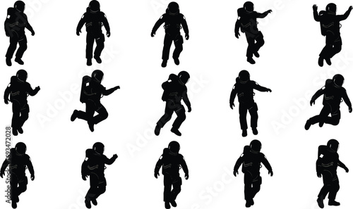 Silhouette of astronaut in space suit, floating, walking, running, cosmic exploration, galaxy adventure, black vector illustration, futuristic space concept