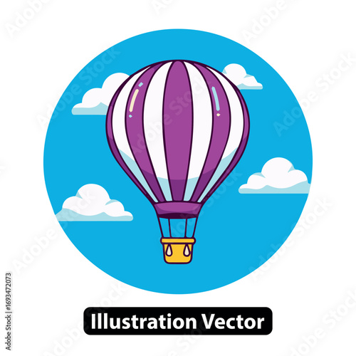 Purple and White Striped Hot Air Balloon Soaring Through the Sky