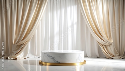 White marble base with semi-transparent silk curtain flowing gently in the background 