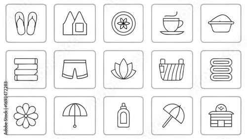 Fifteen Line Art Icons for Spa and Leisure Activities flip flops icon shorts icon