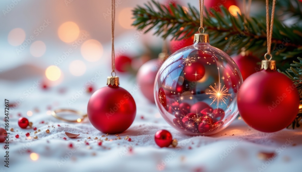 Fototapeta premium Festive red and clear glass christmas ornaments cozy home decorative photography holiday spirit close-up celebration vibes