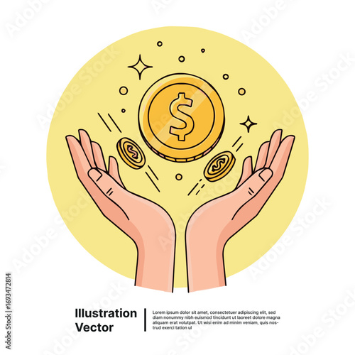 Hands reaching up to catch falling golden coins with dollar sign, symbolizing financial success and wealth accumulation