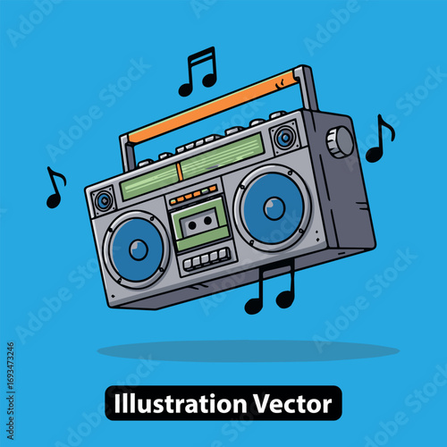 Retro boombox stereo with music notes floating around on a bright blue background, vector illustration