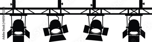 Stage lighting equipment, concert spotlights, theater illumination, professional studio lights, black silhouette, performance hall lights, event lighting design, dramatic spotlight setup