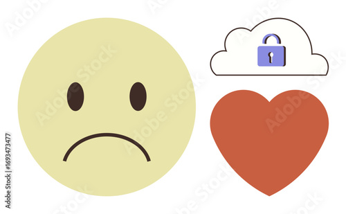 Sad yellow emotion with a frown, red heart, and cloud featuring a padlock in purple. Ideal for emotions, mental health, love, security, vulnerability data protection personal boundaries. Clear