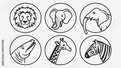 Six stylized animal heads in circular frames on a light grey background lion elephant