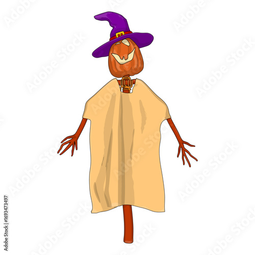 Halloween Scarecrow Lantern Jack pumpkin funny and cute. One of the symbols of the autumn holiday. Vector illustration.