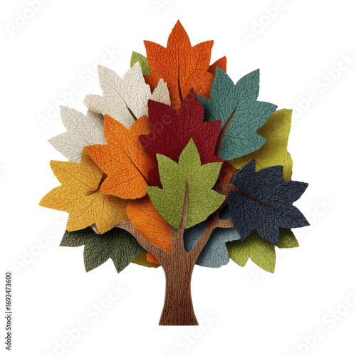 A stylized tree with numerous textured leaves in a variety of autumnal colors