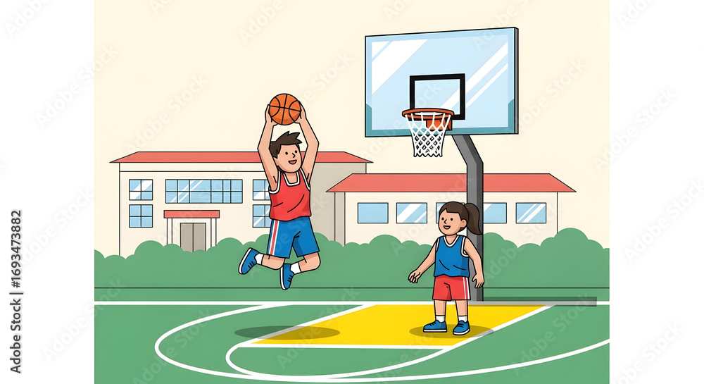 Fototapeta premium Children Playing Basketball Outdoors: Boy Jumps to Shoot Ball with Girl Watching