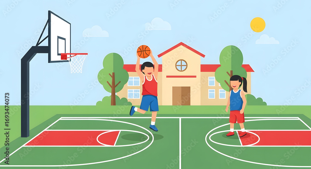 Fototapeta premium Children Playing Basketball on School Court Illustration