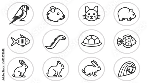 Twelve Circular Icons Featuring Stylized Black and White Animal Line Art toucan parrot