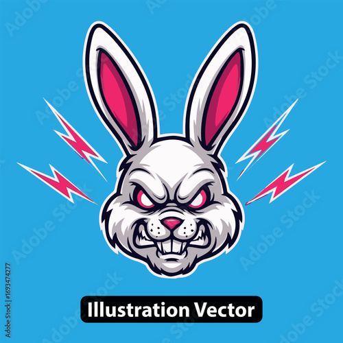 Fierce angry rabbit head esport mascot character with glowing red eyes and a menacing snarl