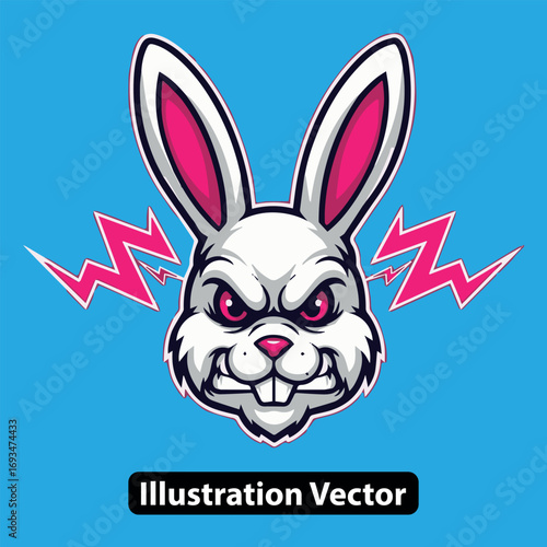 Angry Rabbit Mascot with Pink Lightning Bolts Vector Illustration