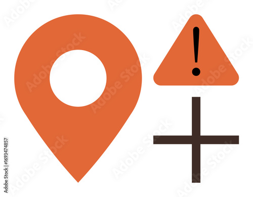 Location pin, orange warning triangle with exclamation mark, and a plus symbol. Ideal for warning, location, alerts, danger, healthcare notifications navigation. Simple flat metaphor
