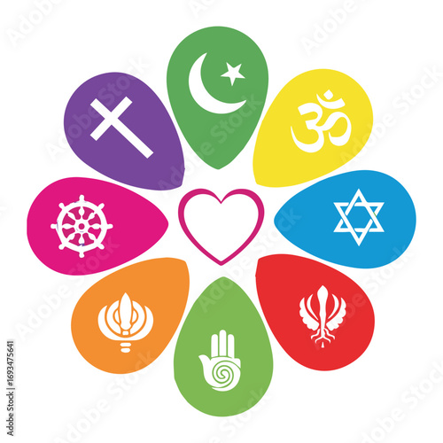 Love and unity among diverse world religions with spiritual symbols in a floral design