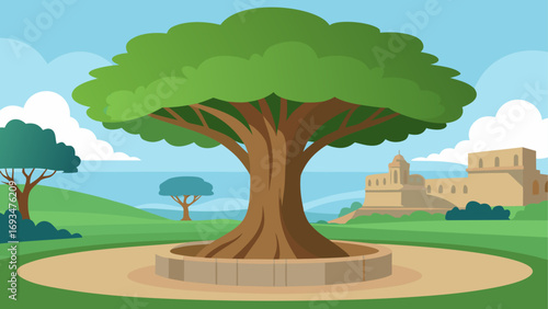 Illustration of a large tree in a park area