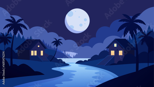 Night scene with houses moon and river