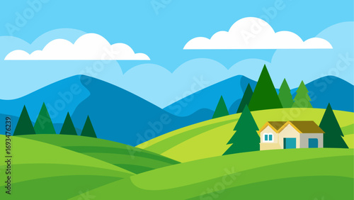 Illustration of house in green landscape